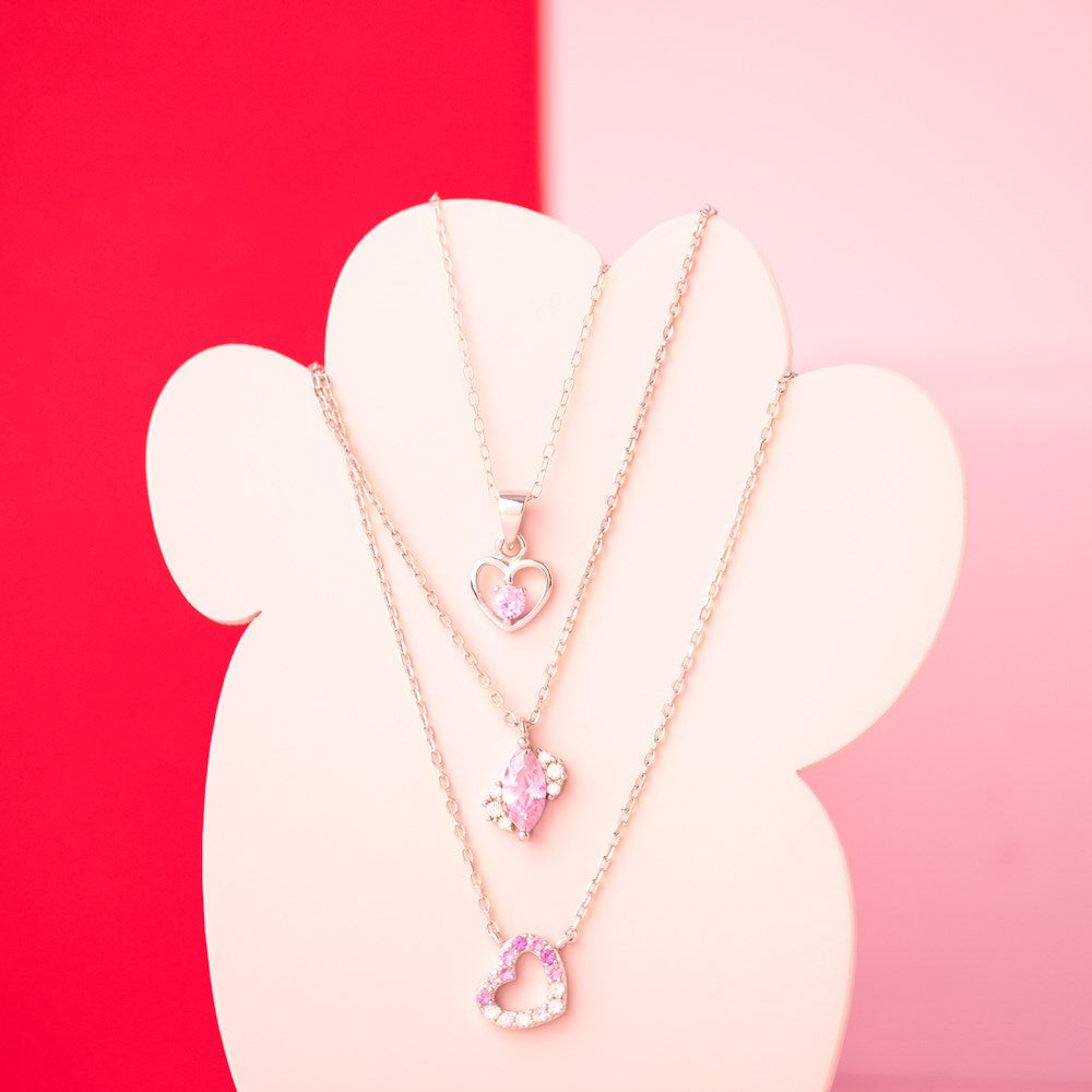 Rhd. sølvvedhæng hjerte m/multi pink cz + kæde
