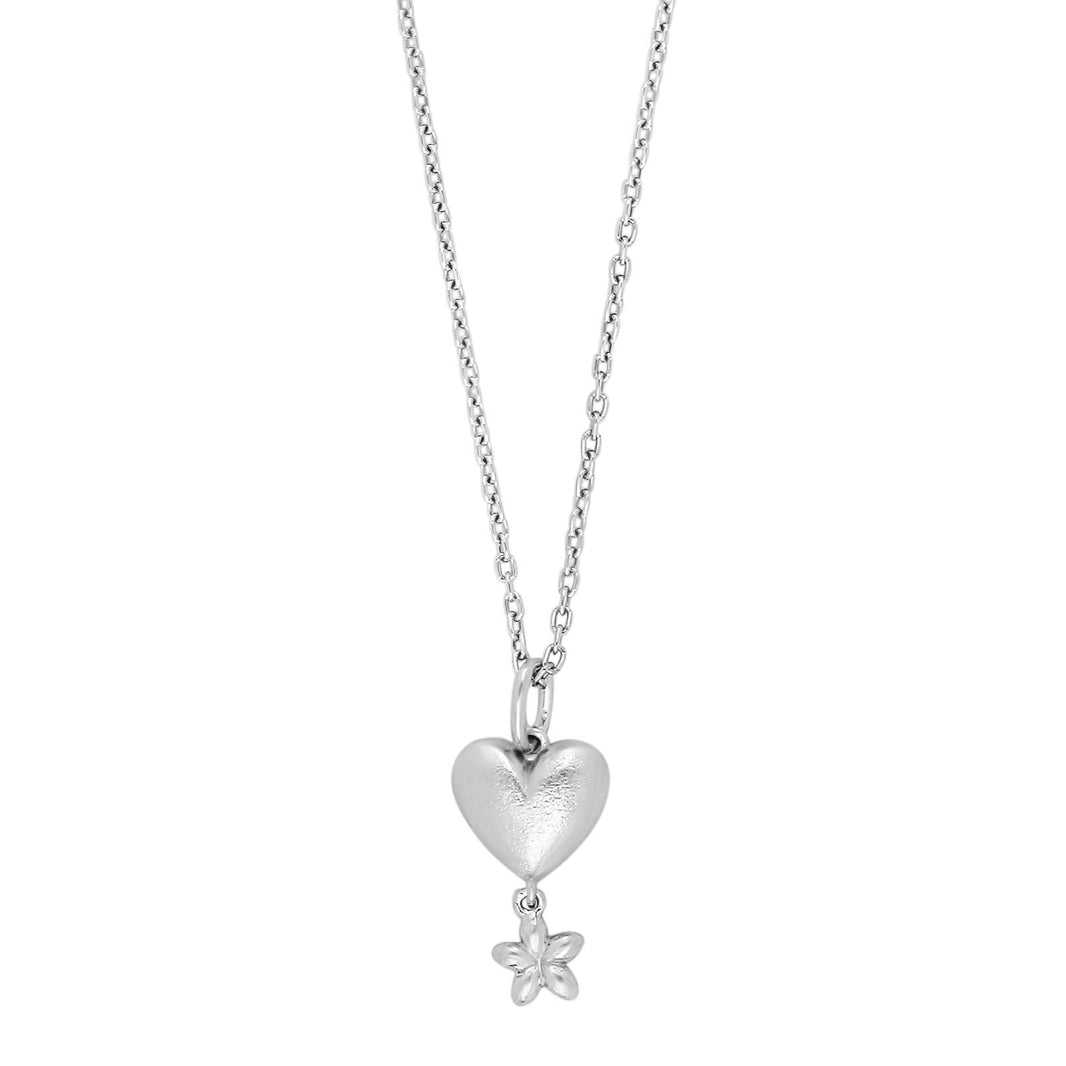 Rhod. silver necklace heart and flower