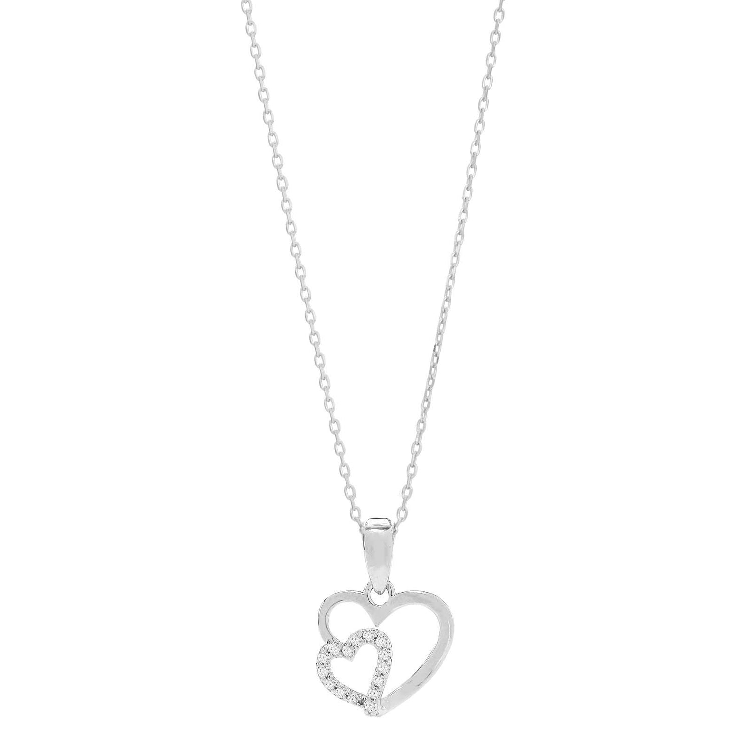Rhd. silver pendant double heart w. cz. inc. chain