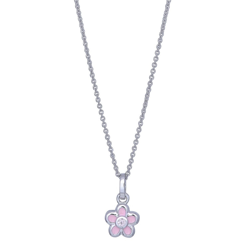 Rhod. Sølv blomst lyserød emalje + cz kæde 38cm