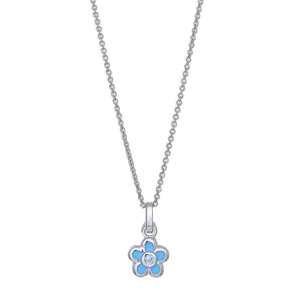 Rhod. Sølv blomst lyseblå emalje + cz kæde 38cm