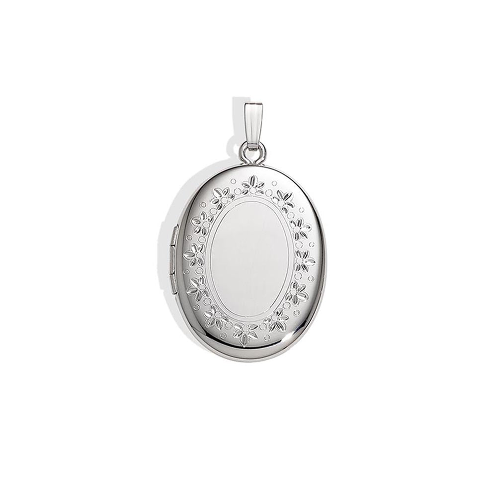Medaljon i rhod. sølv. inkl. kæde