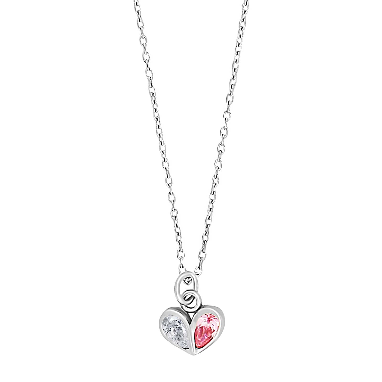 Rhodinierte Silber Halskette Herz m. Weiß-Rosa cz