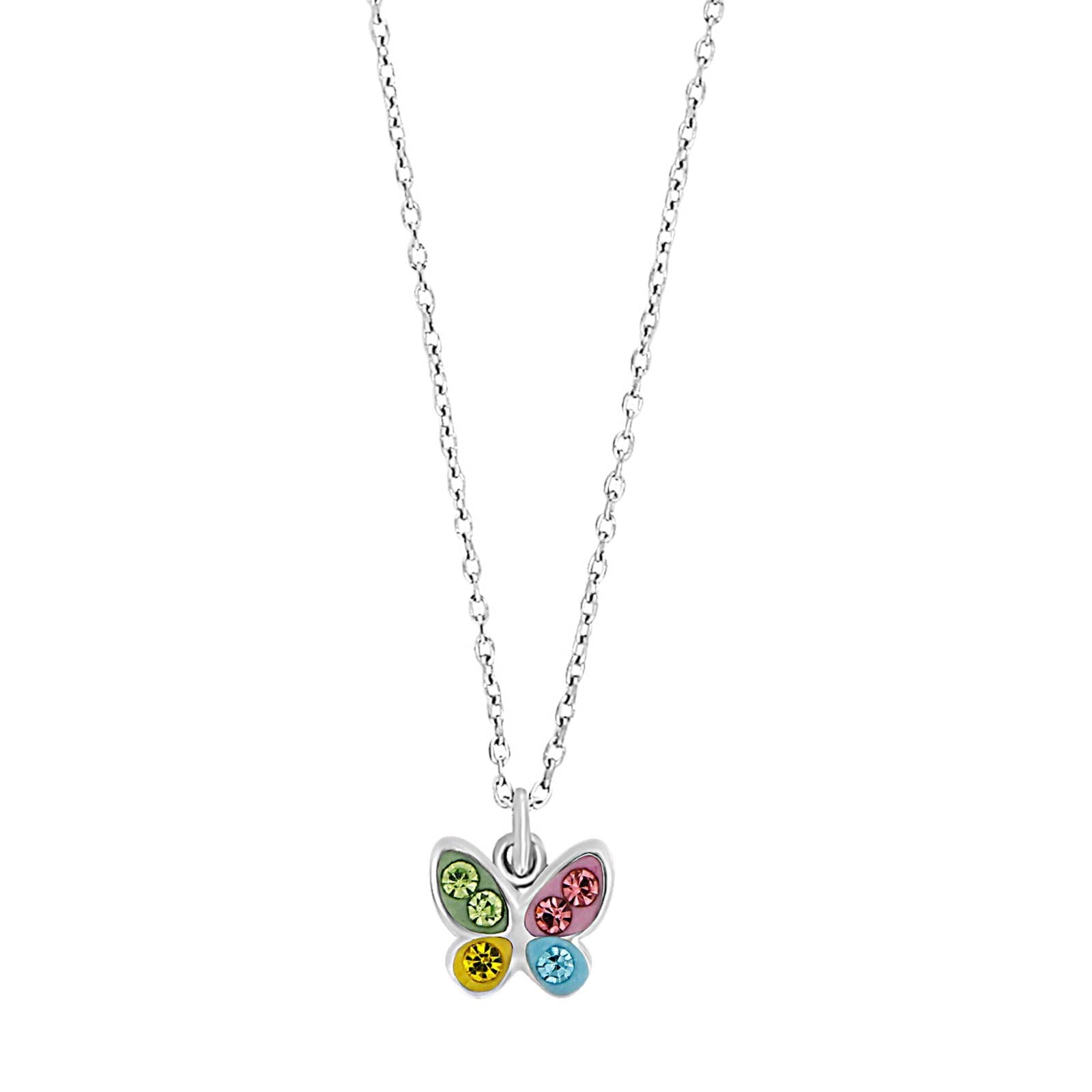 Rhd. silver necklace butterfly w. multi cz