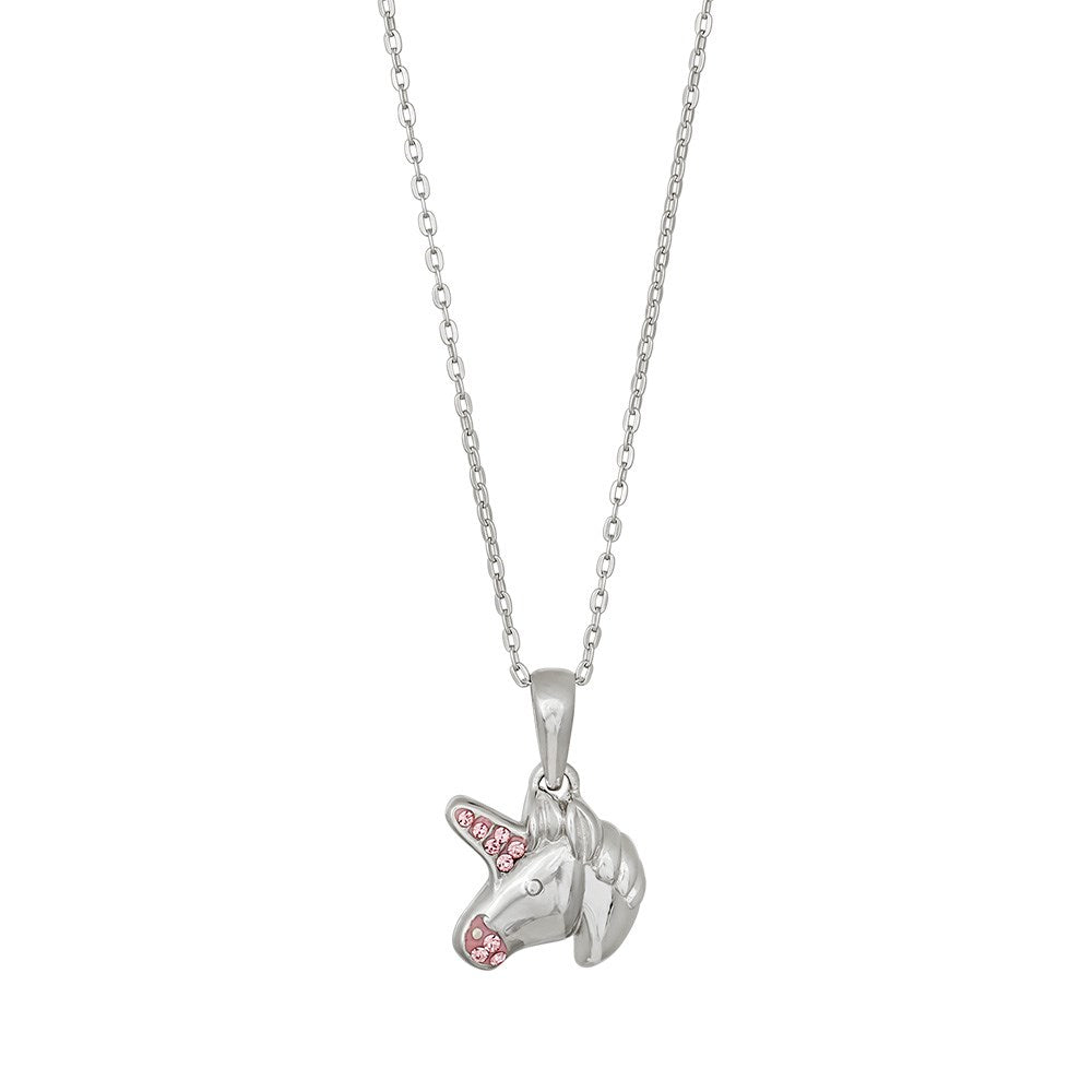 Rhod. silver pendant unicorn w/pink cz incl. chain