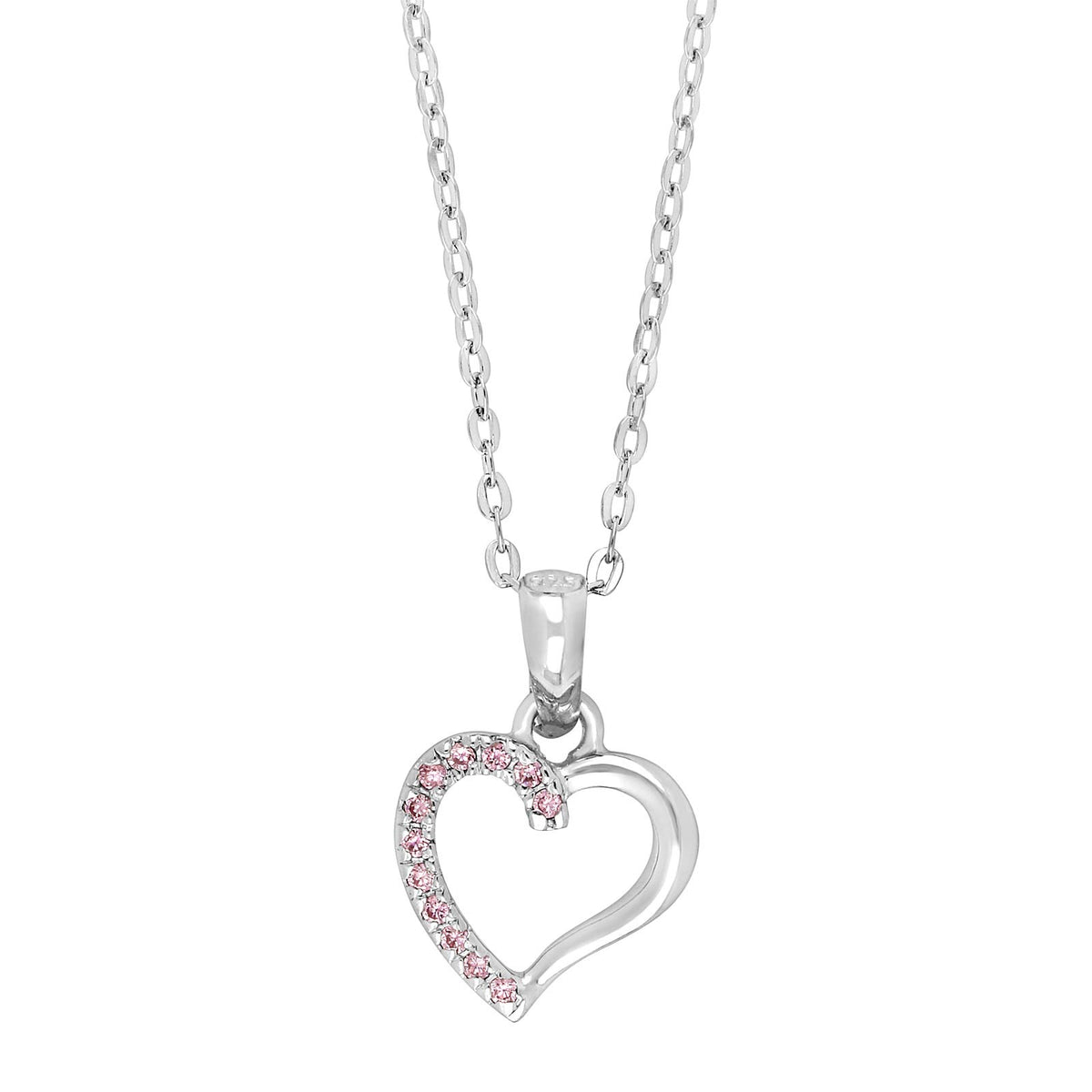 Rhod. silver pendant heart w/pink cz incl. chain