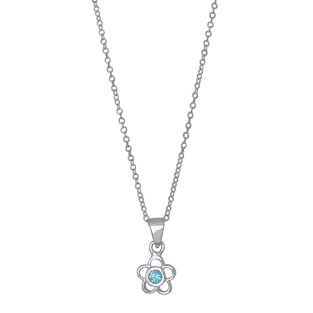 Rhod. silver necklace flower w/light blue cz