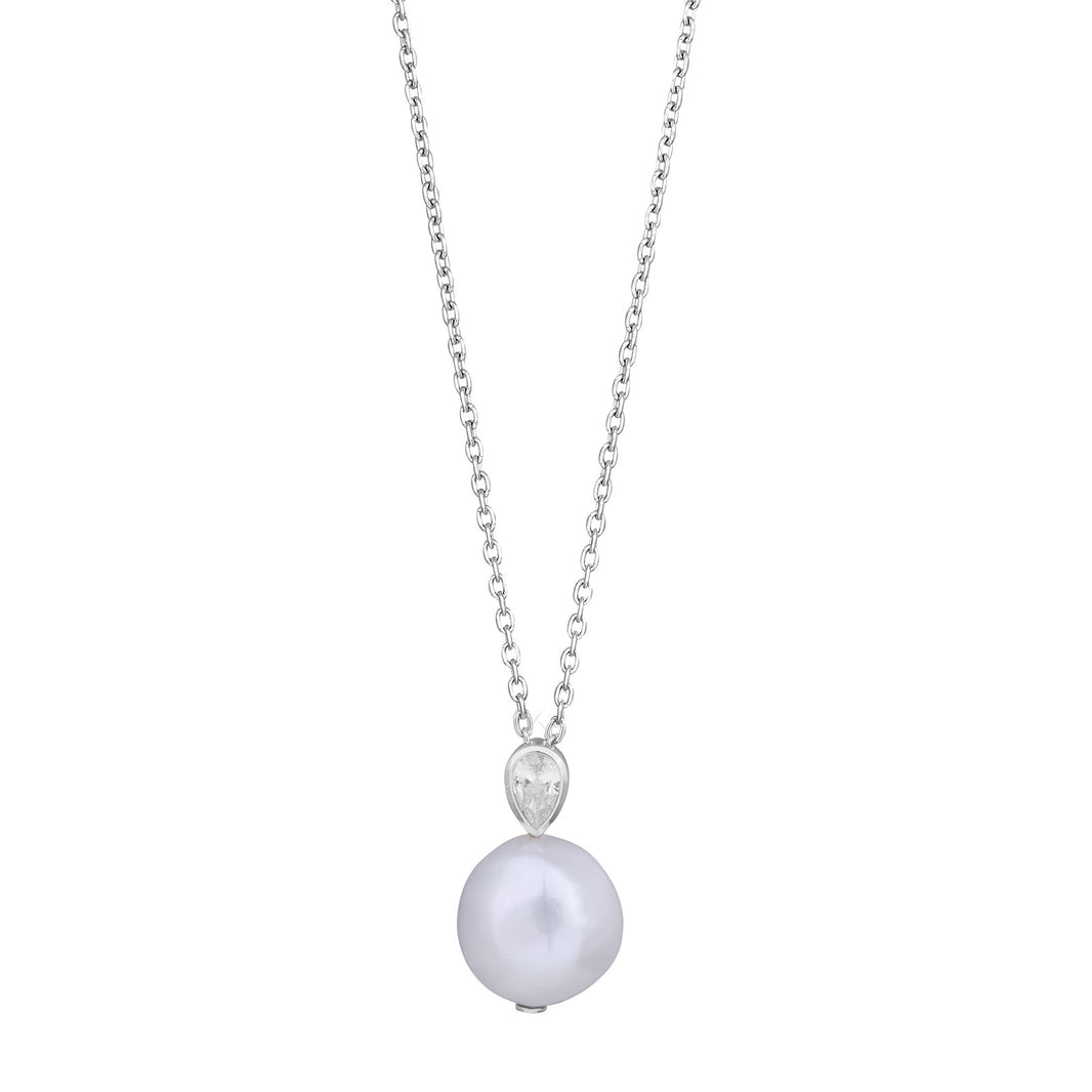 Rhod. silver necklace w/pearl and cz