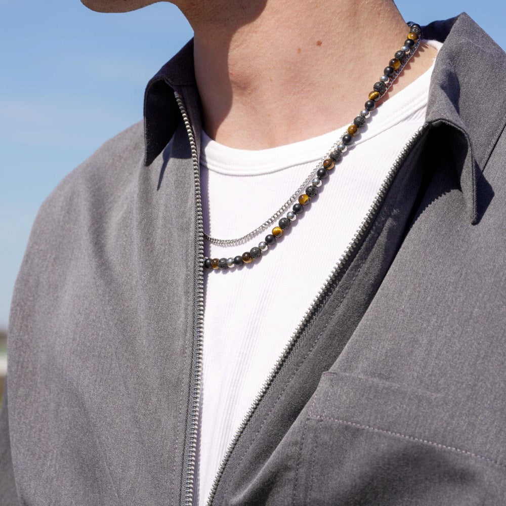 SON  Halskette Stahl mit tiger eye/black agate