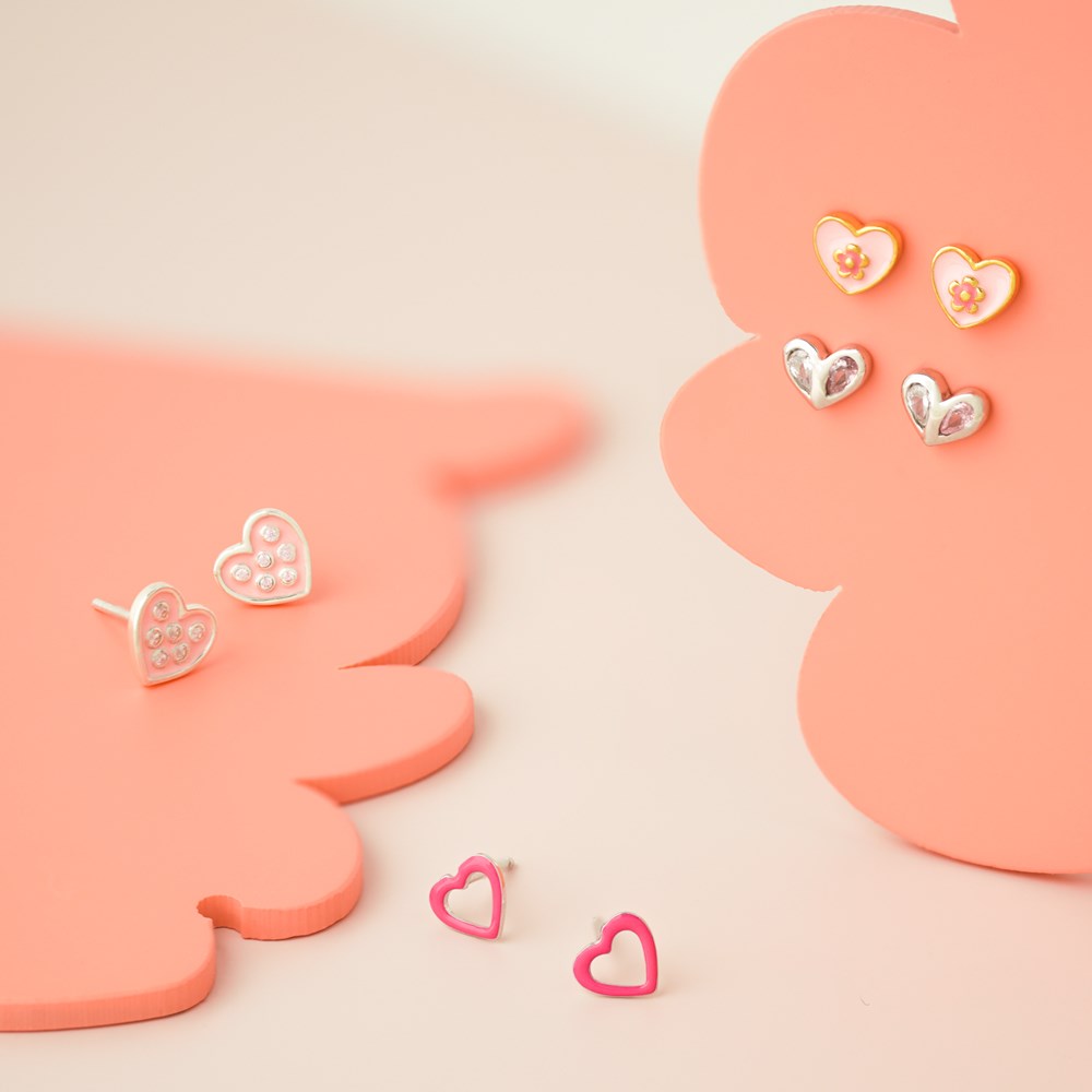 Rhd. silver earrings heart w. pink enamel