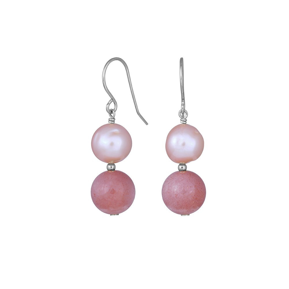 Silver rhod. earhanger w. pink fwp+sun stone