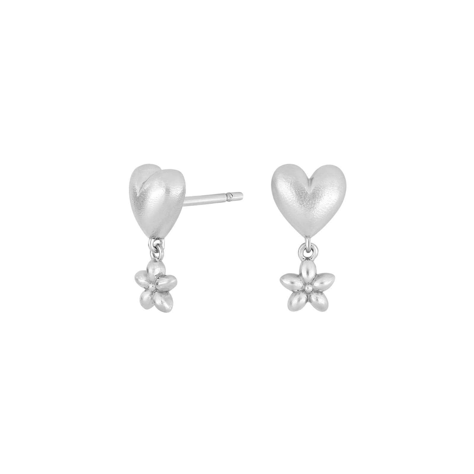 Rhod. silver earring w. heart + flower