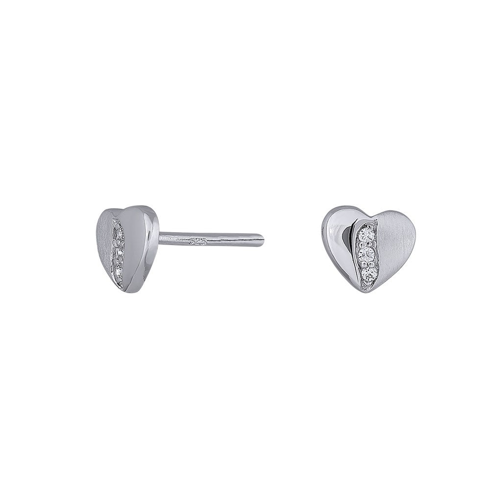 Rhod. Sølv ørestik hjerte m. cz mat/blank