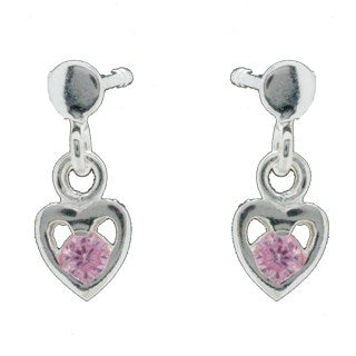 Rhod. silver earrings heart w/pink cz.