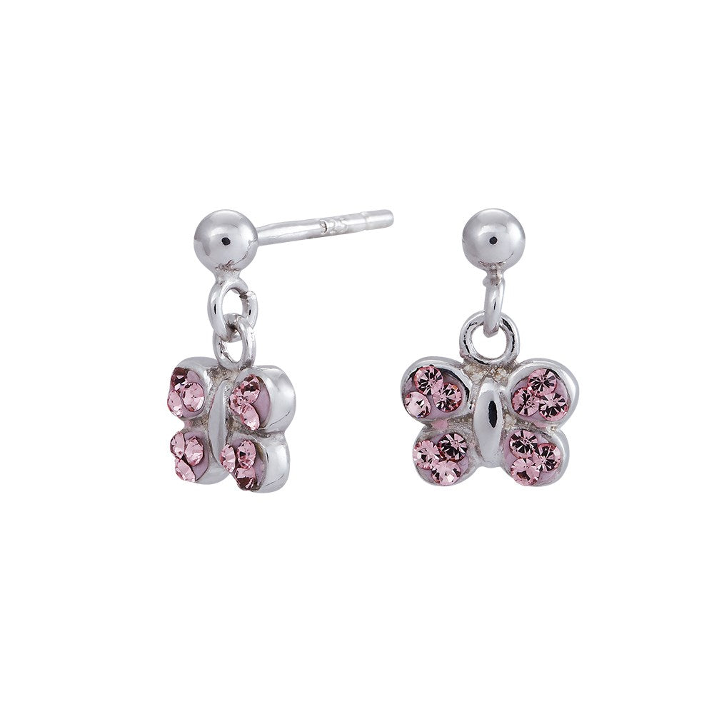 Rhod. silver earrings butterfly w/pink cz.