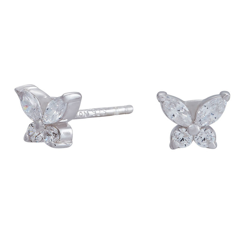 Rhod. silver earrings butterfly w/cz.