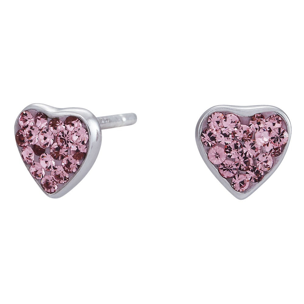Rhod. silver earrings heart w/pink cz.
