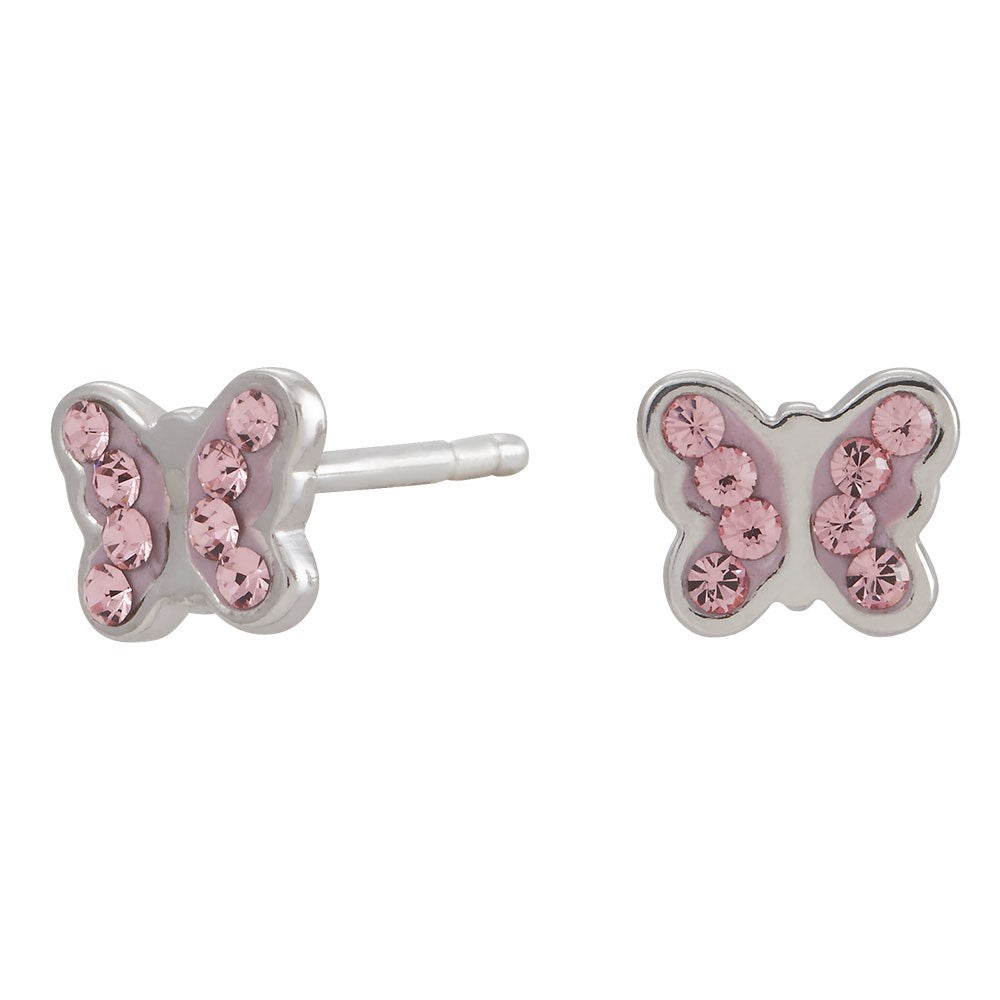 Rhod. silver earrings butterfly w/pink cz.