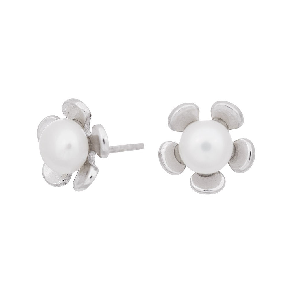 Rhod. silver earring flower w/ pearl