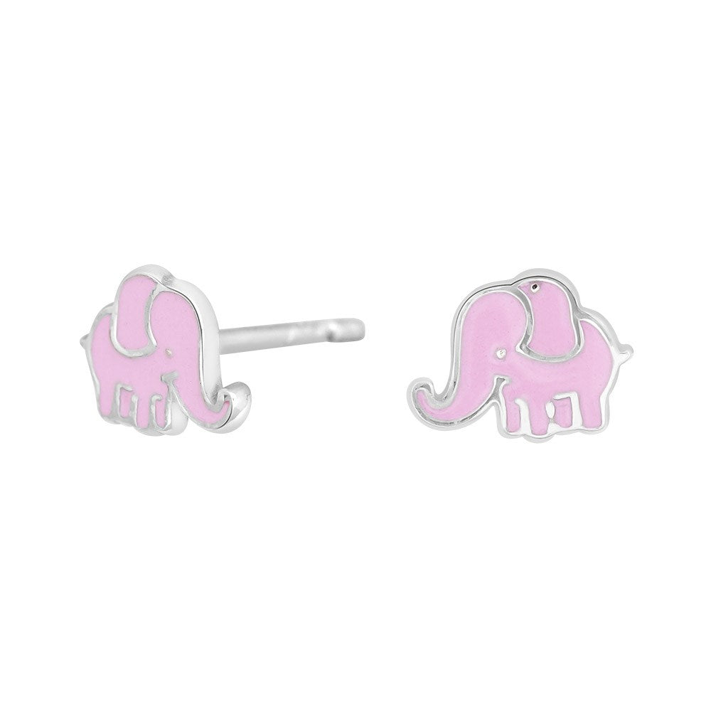 Rhod. silver earrings elephant w/pink enamel