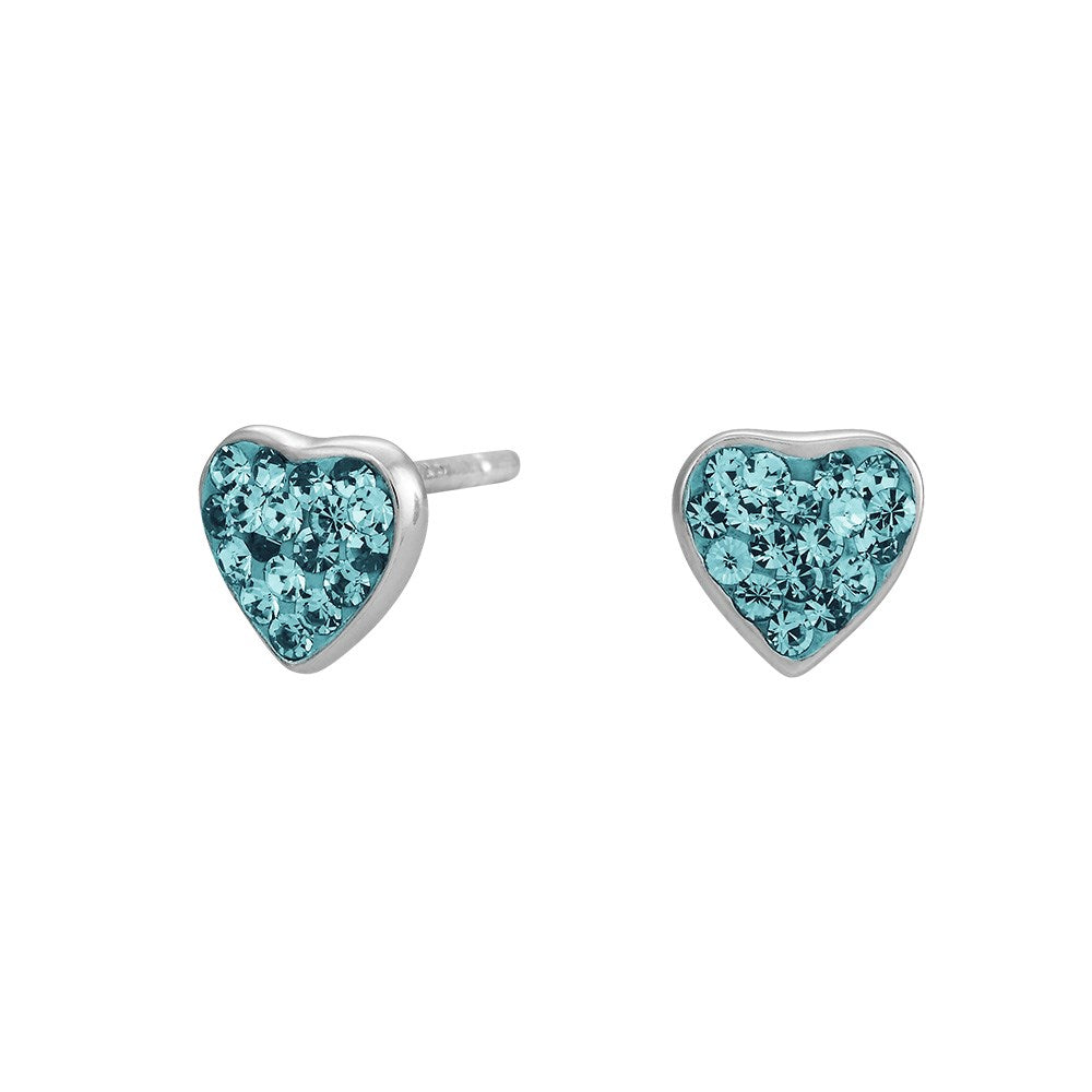 Rhod. silver earrings heart w/blue cz. 6mm