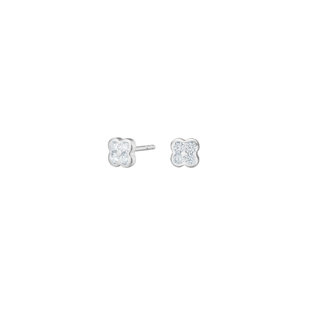 Rhodinierte Silber Ohrstecker Blume  klein m. Weiß cz