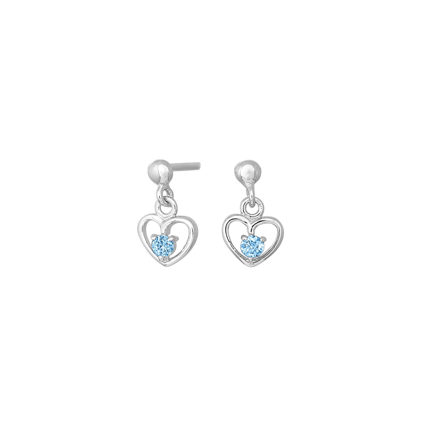Rhod. silver earrings heart w/light blue cz