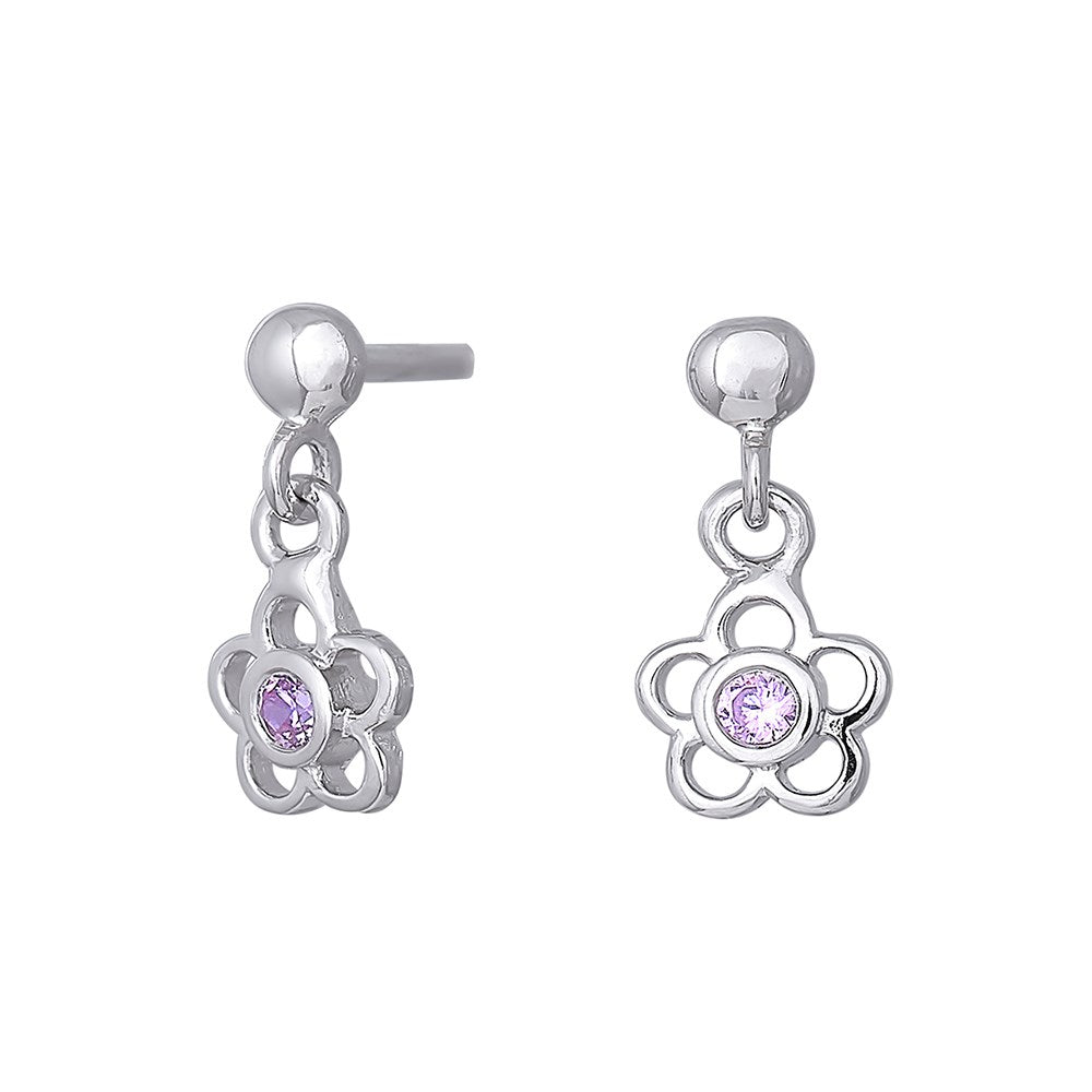 Rhod. silver earrings flower w/pink cz