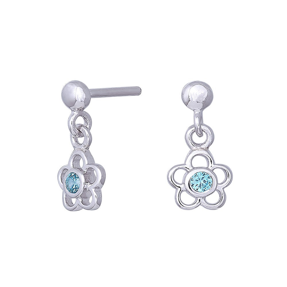 Rhod. silver earrings flower w/light blue cz