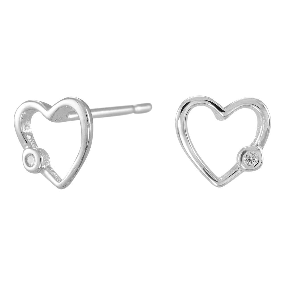 Rhod. Silber Ohrringe Herz mit einem Zirkonia 7mm