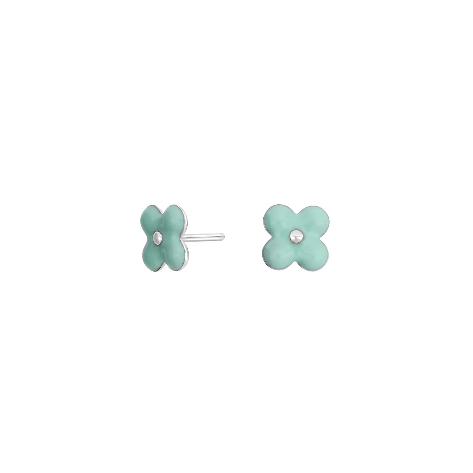 Rhod. silver earrings flower w/green enamel