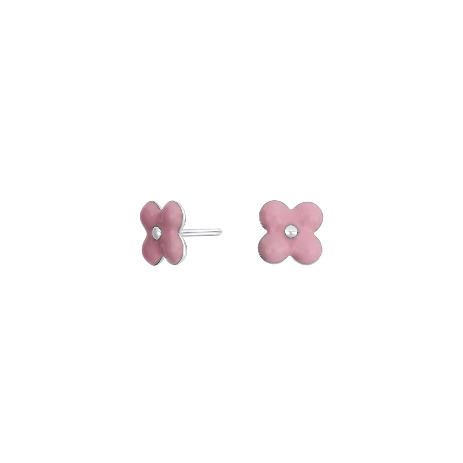 Rhod. silver earrings flower w/pink enamel