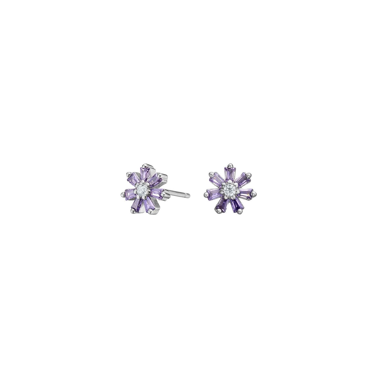 Rhod. silver earrings flower w. purple cz
