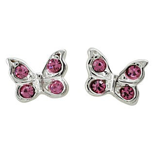 Rhod. silver earrings butterfly w/pink crystal