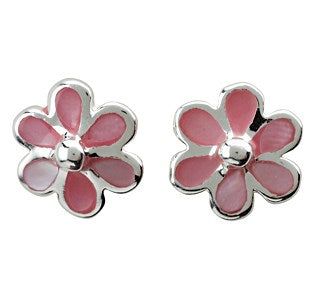 Rhod. silver earrings flower w/pink enamel