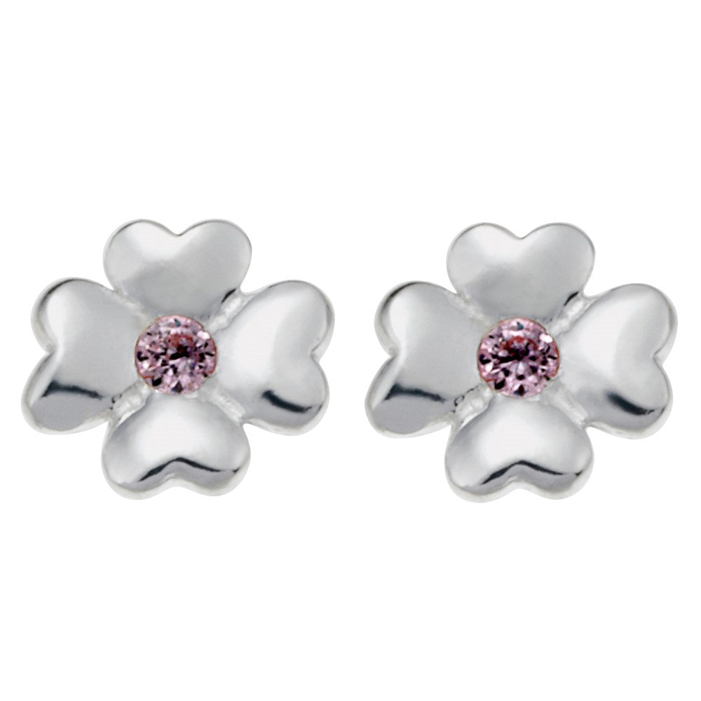 Rhod. silver earrings flower w/pink cz