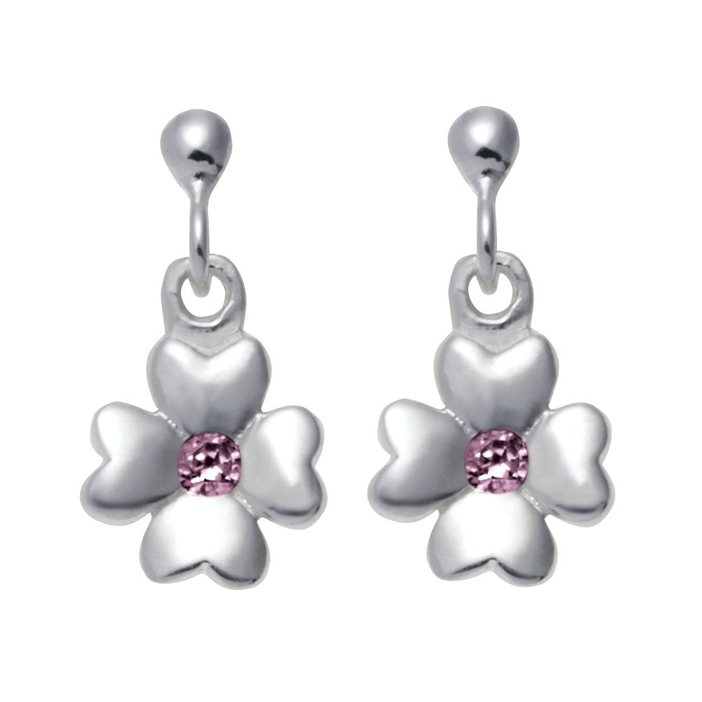 Rhod. silver earrings flower w/pink cz