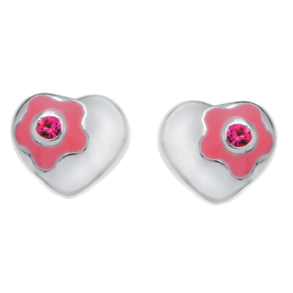 Rhod. silver earrings heart w/pink flower and cz