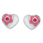 Rhod. silver earrings heart w/pink flower and cz