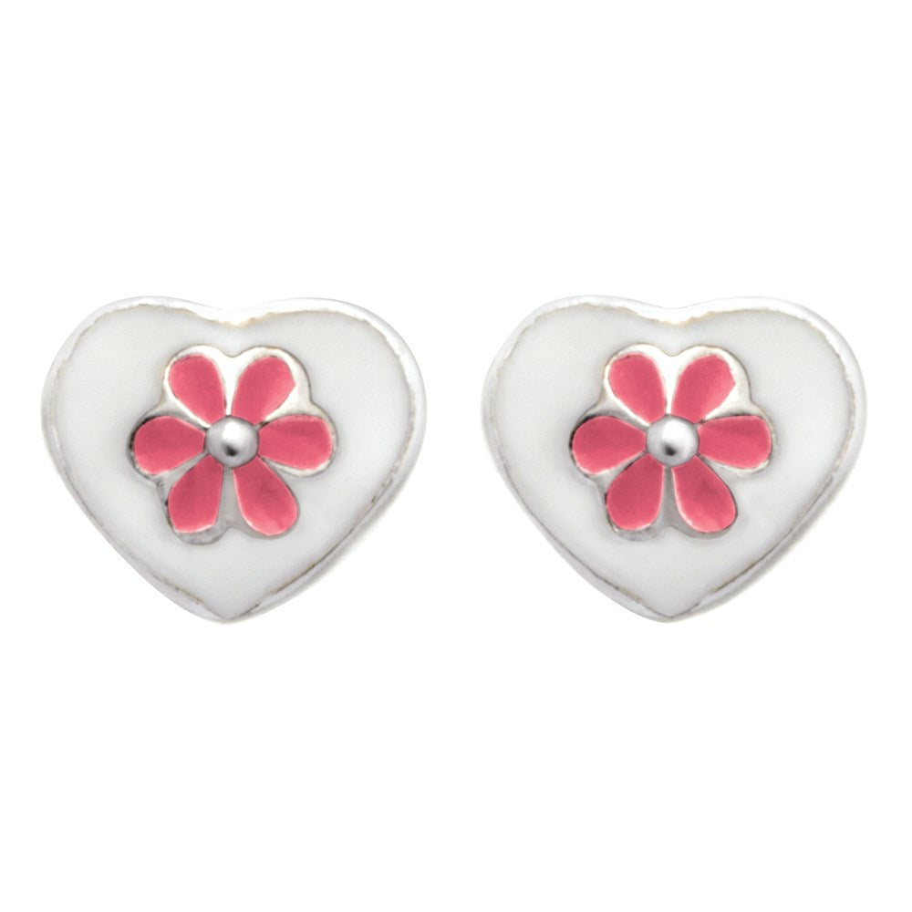 Rhod. sølvørestikker hjerte m/lyserød blomst