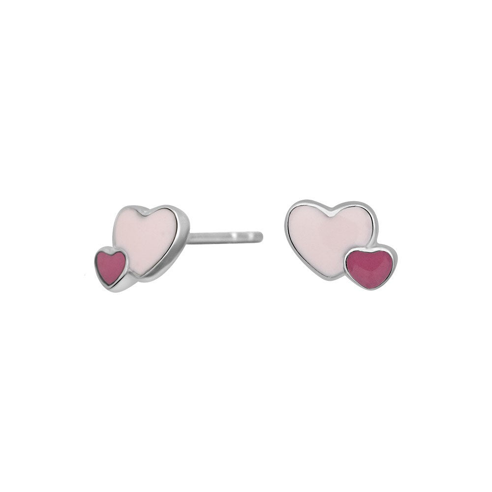 Rhod. silver earrings heart w/pink enamel
