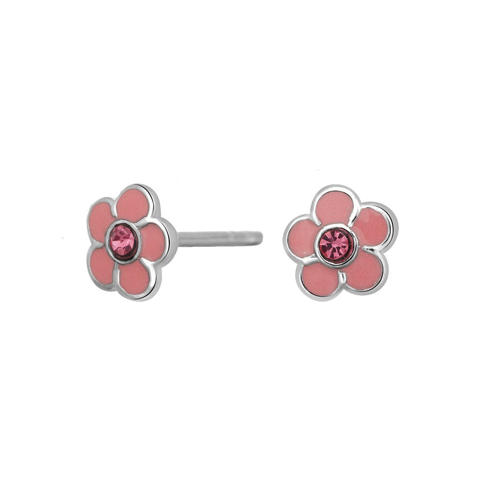 Rhod. silver earrings flower w/pink enamel and cz