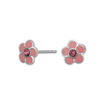 Rhod. silver earrings flower w/pink enamel and cz