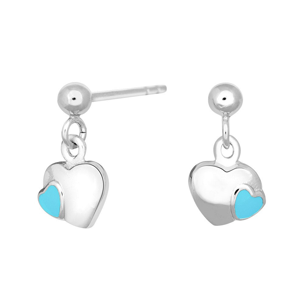 Rhod. silver earrings heart w/light blue enamel