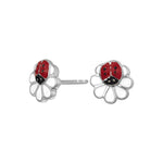 Rhod. silver earrings flower w/ladybird and enamel