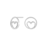 Rhod. silver earrings circle w/heart and cz