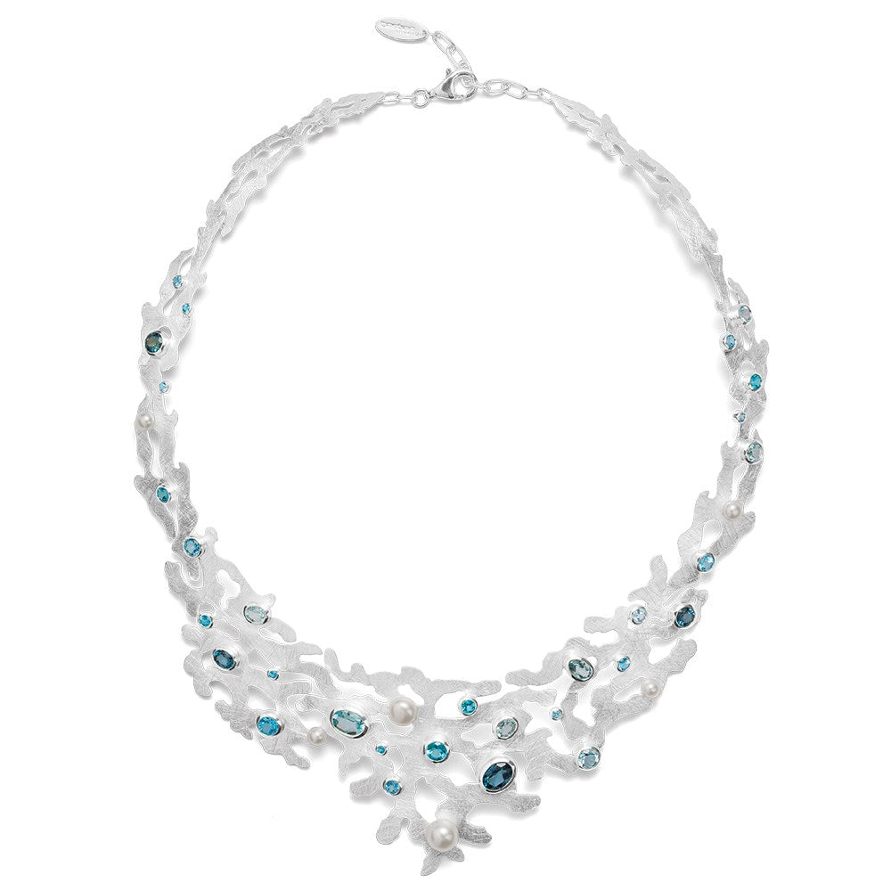 925/- Collier matt, Blau Topase, Zuchtperlen 17,42