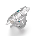 925/- Ring gebürstet, Blautopas, Zuchtperle, 0,82 ct
