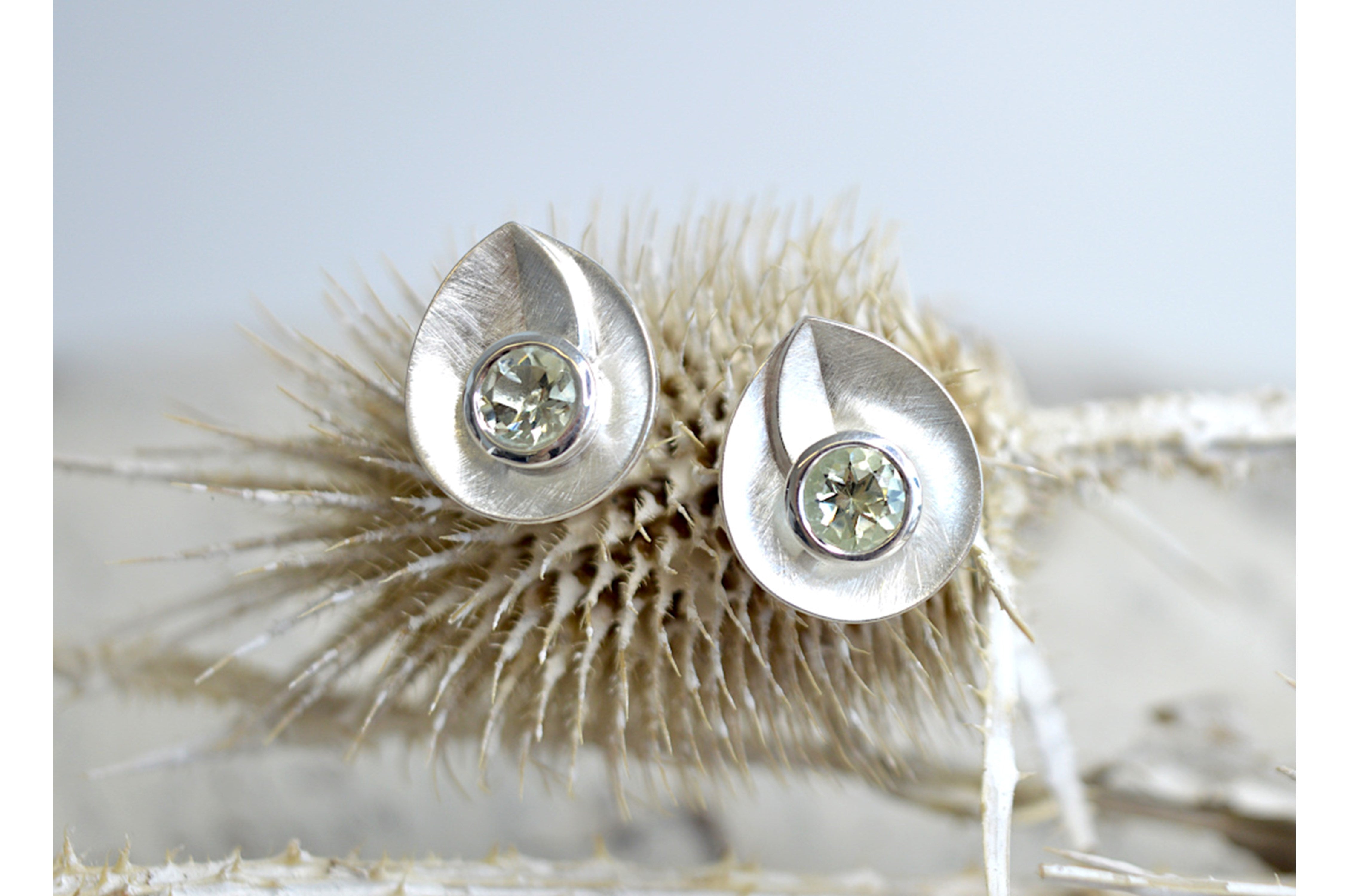 925/- Ohrstecker matt/Poliert, Grüner Amethyst