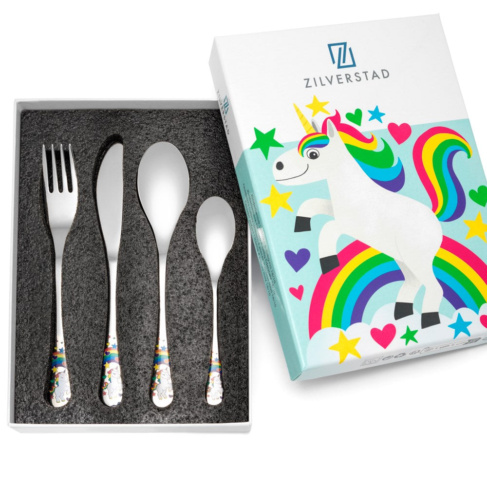 Børnebestik, 4-delt, Unicorn, rustfrit stål + farvet